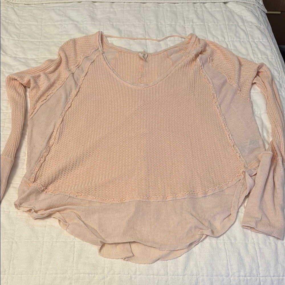 Free People Pink Ribbed Long Sleeve Blouse